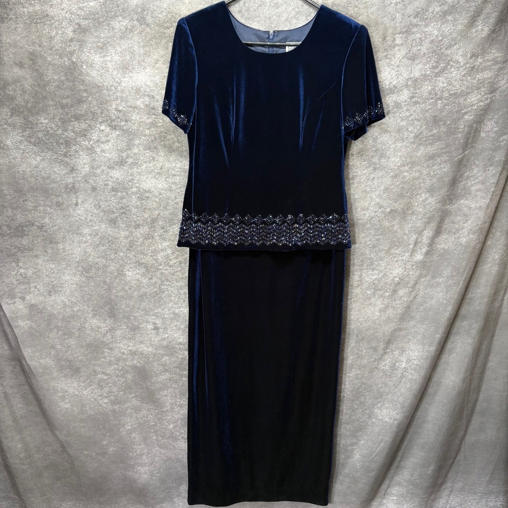R&M Richards by Karen Kwong Navy Blue Velvet Beaded Maxi Dress Size 8 MOTB 90s
